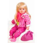 Papusa fetita Doris Sweet Girl 60 cm cu par blond,hainute roz,pantaloni din reiat,hanorac cu gluga,caciulita si fular,corp moale