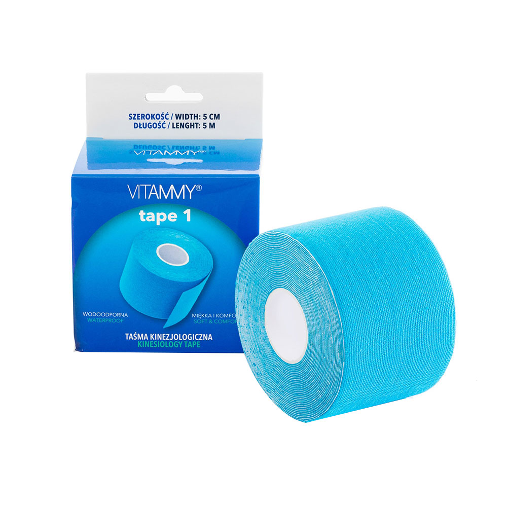 Banda Kinesiologica Vitammy Tape 1 impermeabila, moale si confortabila fara latex 5 cm x 5 m albastru