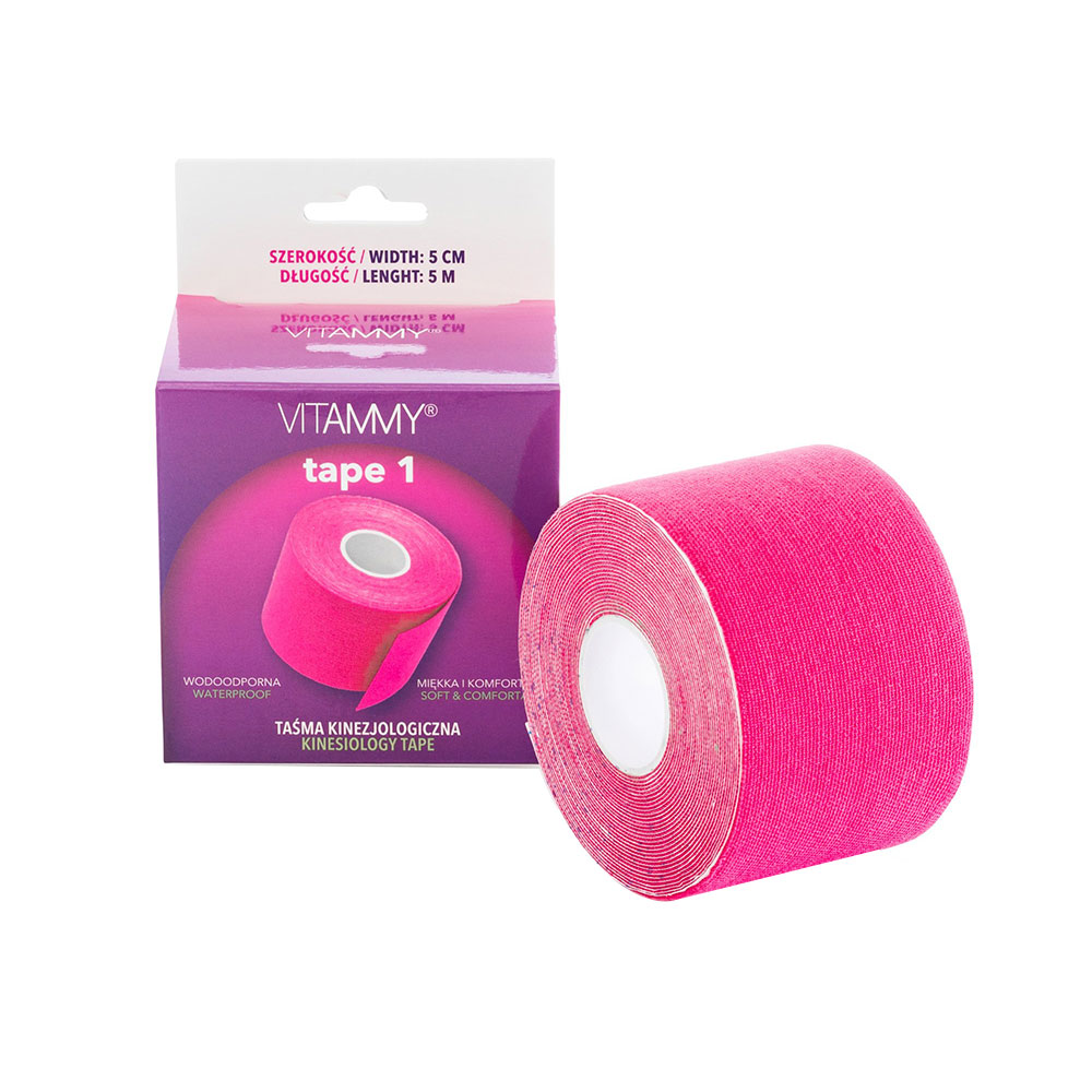 Banda Kinesiologica Vitammy Tape 1 impermeabila, moale si confortabila fara latex 5 cm x 5 m roz