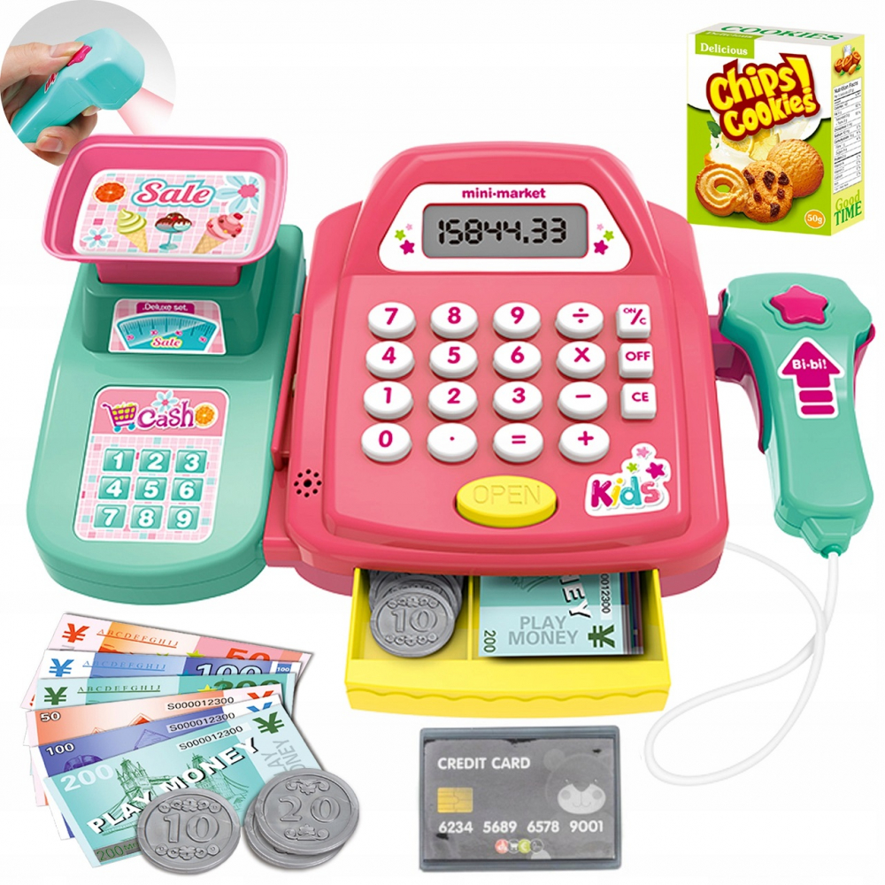 Casa de marcat Matadi Kids Pink cu calculator functional,scanner cu sunete, cantar si bani