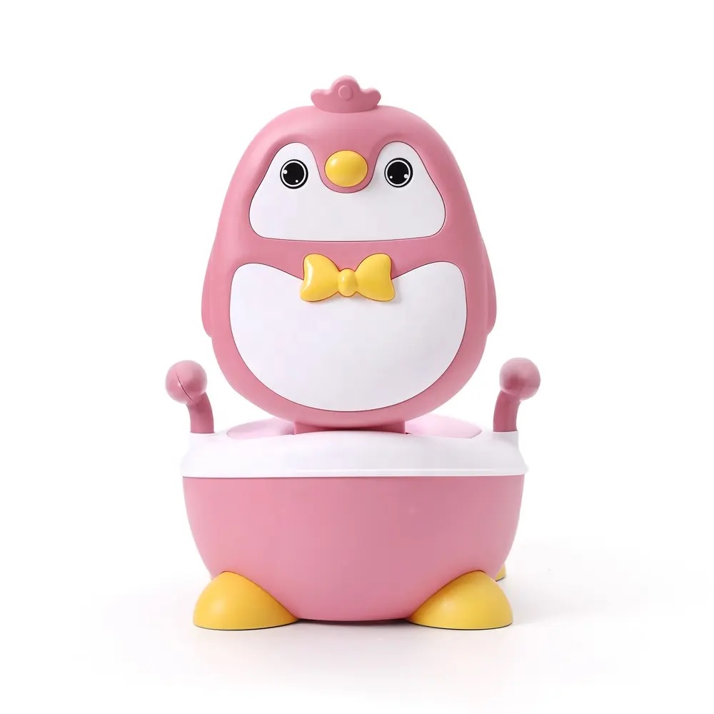Olita pentru copii Little Mom Pink Penguin, cu picioruse antiderapante ajustabile in inaltime, capac rabatabil cu functie de spatar ergonomic, cu manere de sustinere si vas colector detasabil, dimensiune 34 x 38 x 49 cm