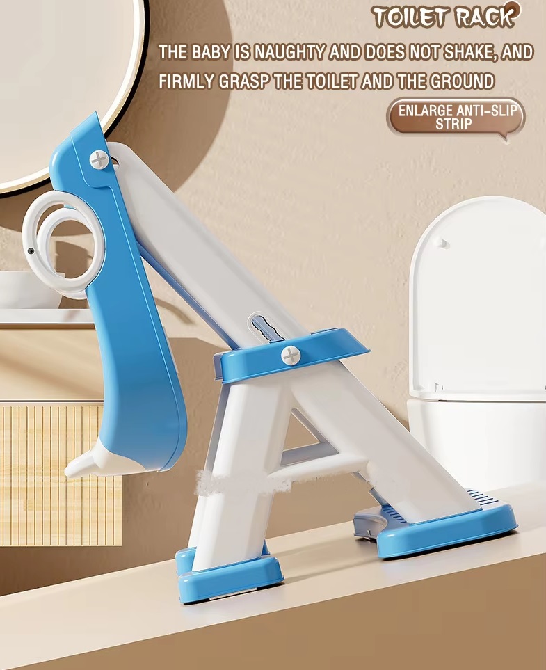 Reductor toaleta pentru copii, Little Mom, pliabil cu scarita, in structura piramidala, prevazut cu manere ergonomice si colac moale detasabil din PVC, dimensiune 35.5 x 34 x 56 cm, Kitty Blue - 2 | YEO