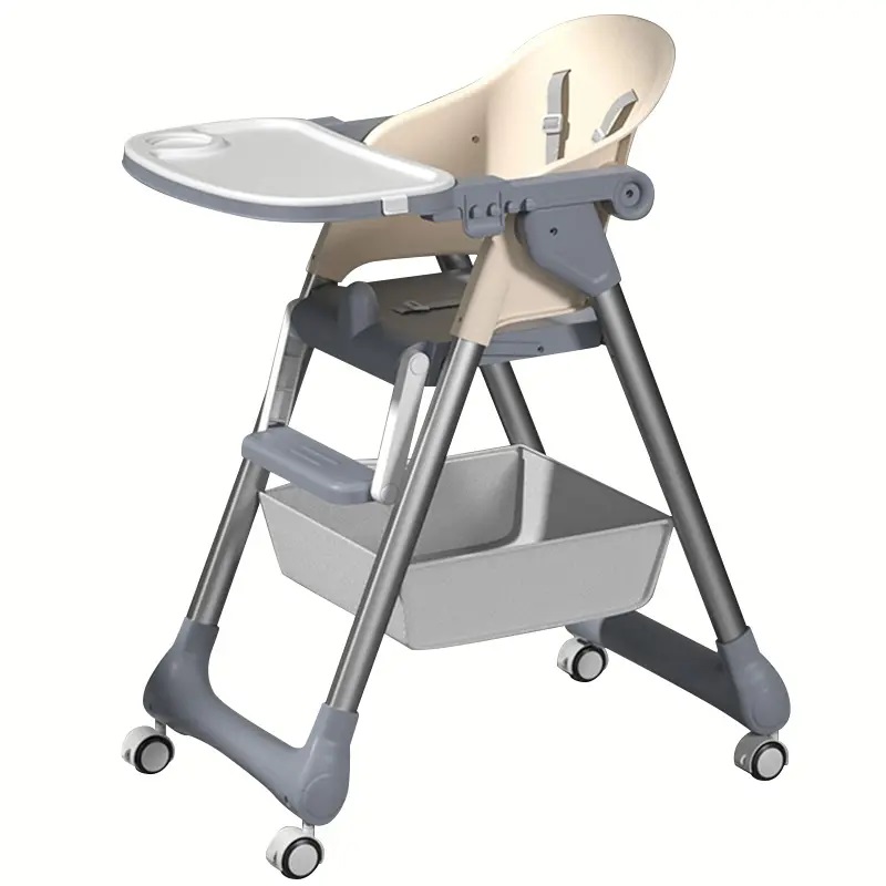 Scaun de masa Little Mom Beige/Pink 2in1 cu roti, pliabil, cos pentru accesorii, centura siguranta, margini rotunjite, suport picioare, tava dubla