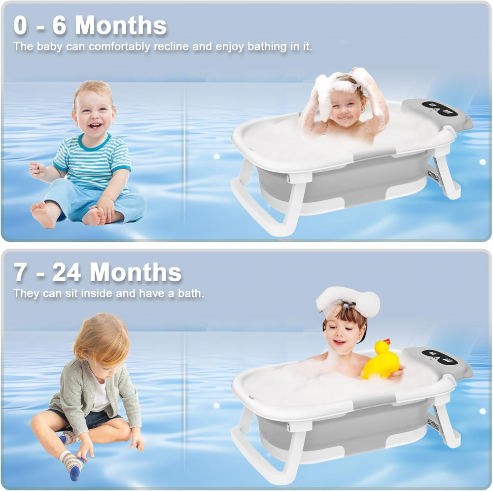 Cadita bebelusi ultrapliabila Little Mom Turtle Grey, pernuta moale detasabila,termometru incorporat,display digital,suport dus, sistem de agatare, dop pentru evacuarea apei, material Non-Toxic, 0-36 luni - 3 | YEO