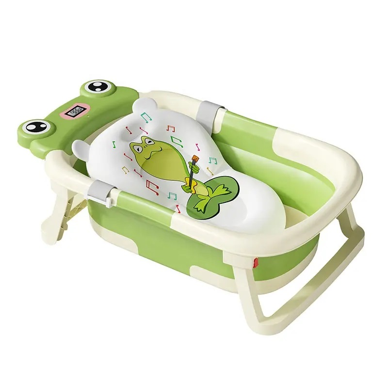 Cadita bebelusi ultrapliabila Little Mom Green Frog, cu pernuta moale detasabila, termometru display digital,suport cap de dus, dop pentru evacuarea apei, material Non-Toxic, 0-36 Luni