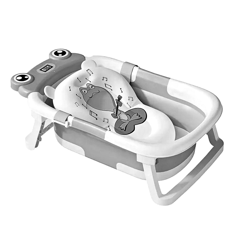 Cadita bebelusi ultrapliabila Little Mom Grey Frog, cu pernuta moale detasabila, termometru display digital,suport cap de dus, dop pentru evacuarea apei, material Non-Toxic, 0-36 Luni - 3 | YEO