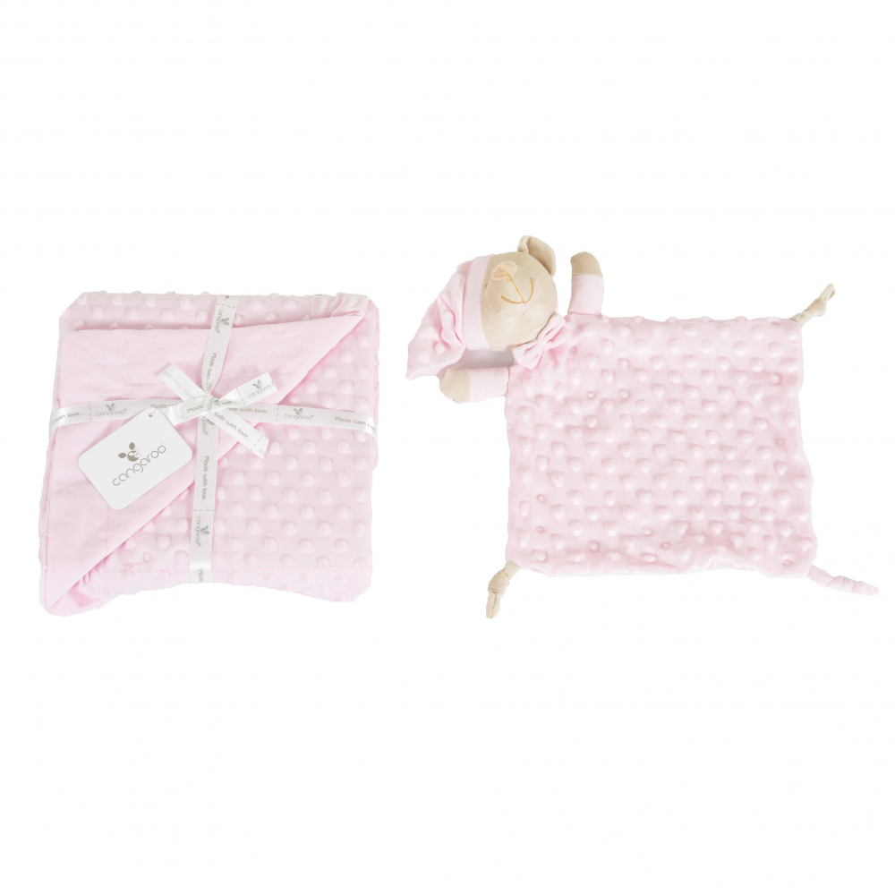 Set paturica 75x100cm si jucarie de atasament Cangaroo Bennie Pink - 2 | YEO