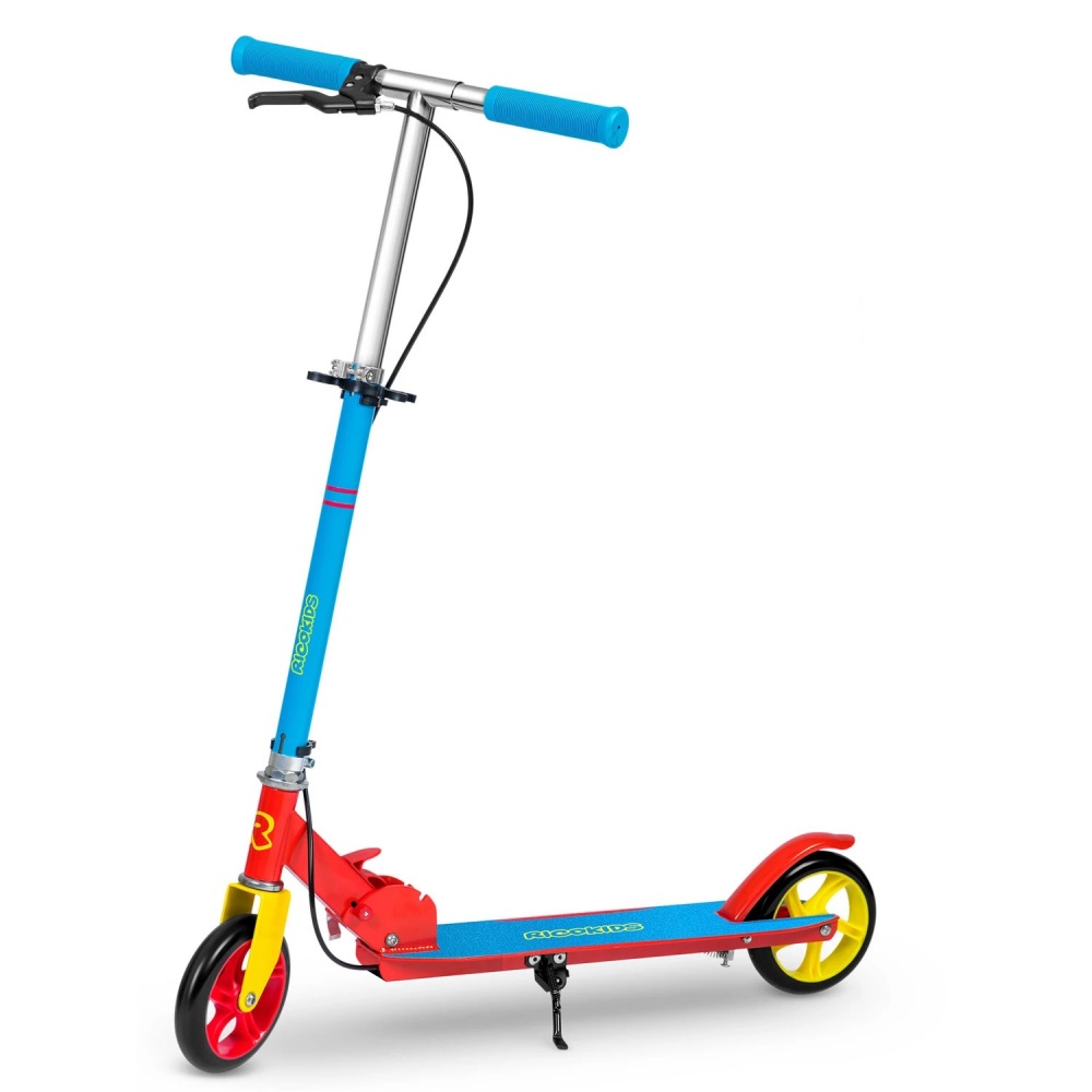 Trotineta pentru copii Ricokids Kodi AlbastruRosu pliabila, inaltime ghidon reglabila, platforma antiderapanta, roti din PU rezistente, rulmenti ABEC-7, 2 frane de mana si picior, manere ergonomice pliabile si cric - 2 | YEO