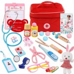 Set trusa de doctor din lemn pentru copii Little Doctor cu accesorii din lemn , stetoscop, seringa mobila, termometru,ochelari, Iepuras din plus si medicamente in gentuta de depozitare cu fermoar