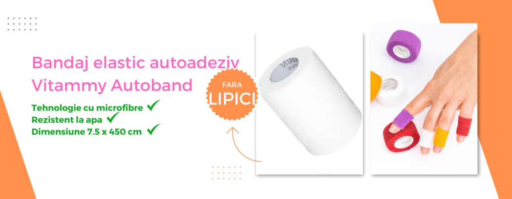 Bandaj elastic autoadeziv Vitammy Autoband tehnologie cu microfibre fara lipici rezistent la apa 7.5x450 cm alb