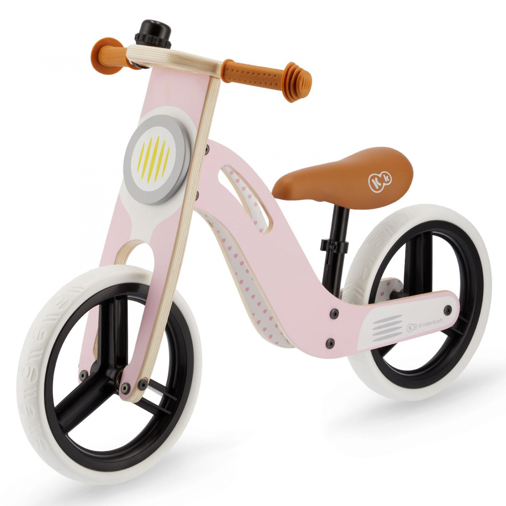 Bicicleta de echilibru din lemn Kinderkraft Uniq Pink cu scaun moale reglabil, roti din spuma EVA, maner pentru transport, pana la 35 kg