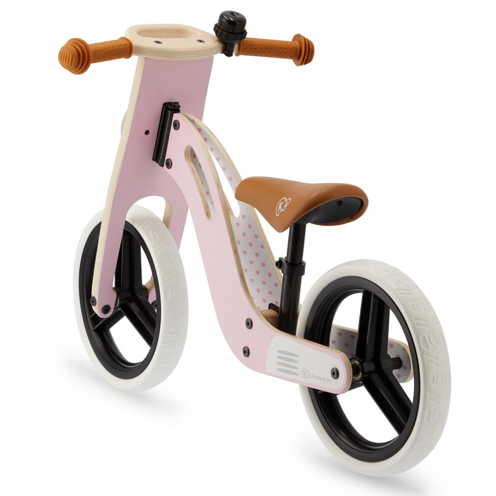 Bicicleta de echilibru din lemn Kinderkraft Uniq Pink cu scaun moale reglabil, roti din spuma EVA, maner pentru transport, pana la 35 kg