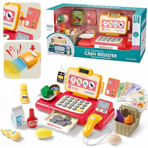 Casa de marcat cu scanner, calculator functional si 37 accesorii Cash Register Red