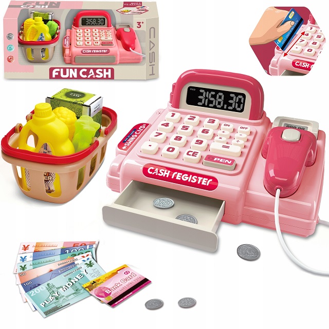 Casa de marcat cu calculator real, cos de cumparaturi si accesorii Pink