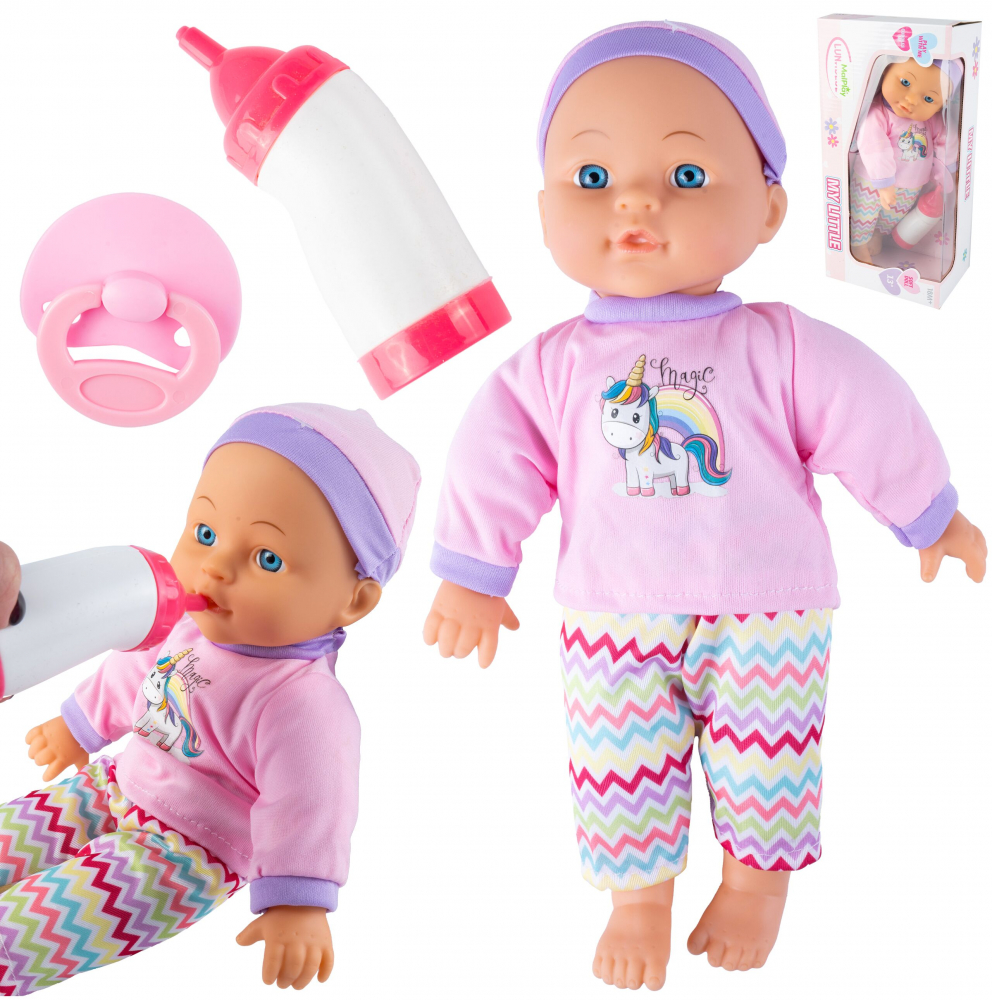 Papusica bebe pentru copii Malplay Pink Unicorn, cu hainute, biberon si suzeta inclusa, inaltime 30 cm