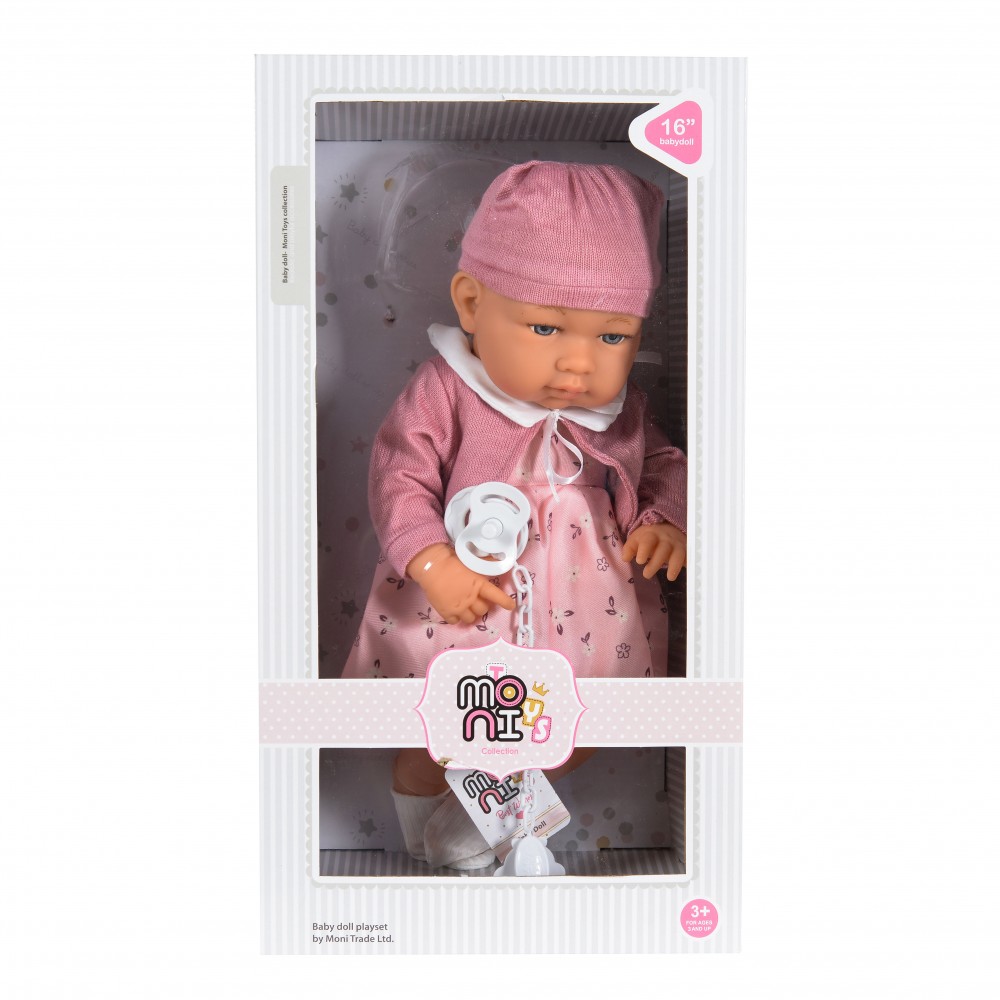 Papusa fetita bebelus Moni 41cm Roz cu rochita,caciulita,bolero si suzeta