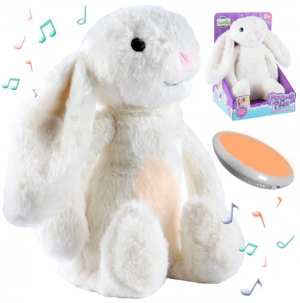 Jucarie de plus interactiva, moale si pufoasa, cu Lumina si Sunete, White Bunny, 33 cm