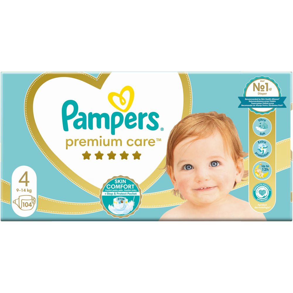 Scutece Pampers Premium Care Mega Box Marimea 4, 9-14 kg, 104 buc