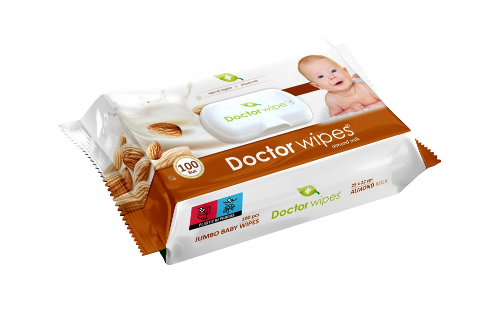 Servetele umede Doctor Wipes cu lapte de migdale Almond Milk 100 bucati in cutie cu capac