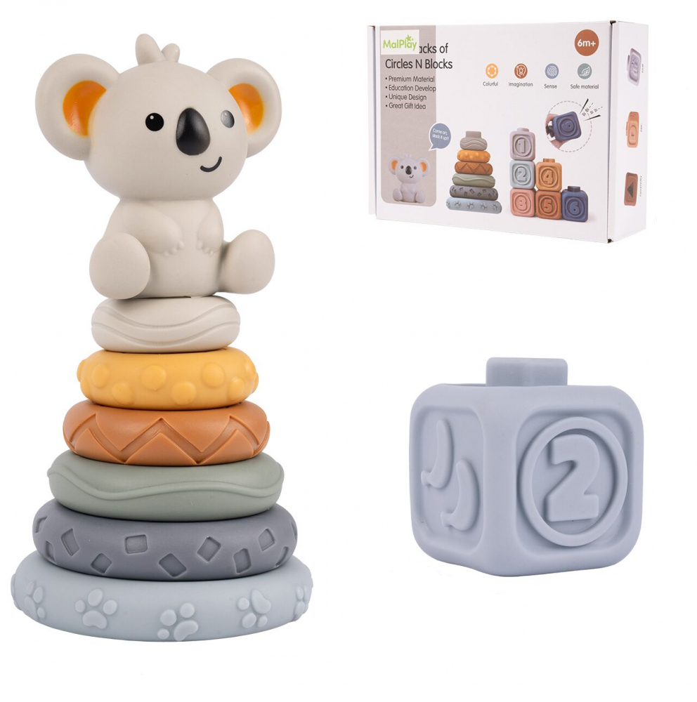 Set de stivuit cu 13 piese senzoriale din cauciuc moale Grey Koala