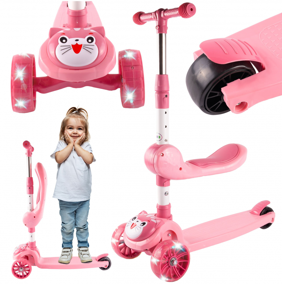 Trotineta 2 in 1, pliabila, cu scaun, roti luminoase LED, ghidon reglabil si platforma antiderapanta, Pink Kitty