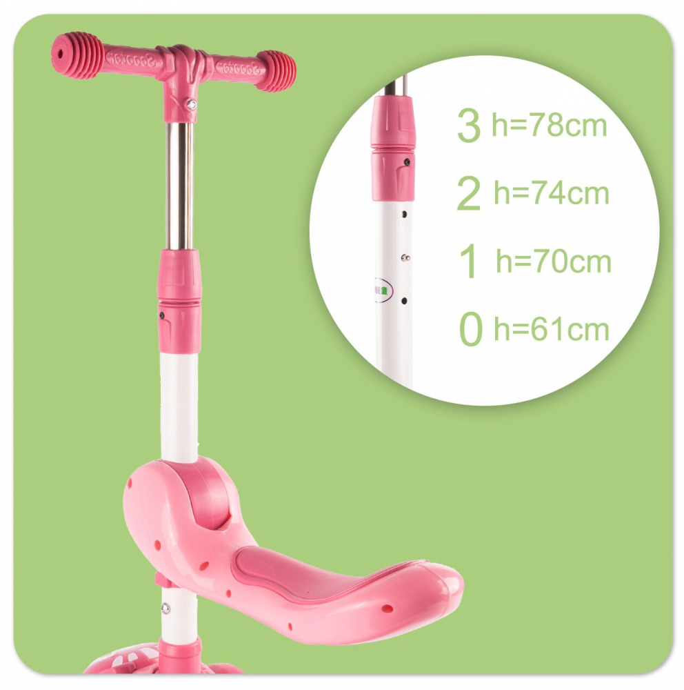 Trotineta 2 in 1, pliabila, cu scaun, roti luminoase LED, ghidon reglabil si platforma antiderapanta, Pink Kitty - 1 | YEO