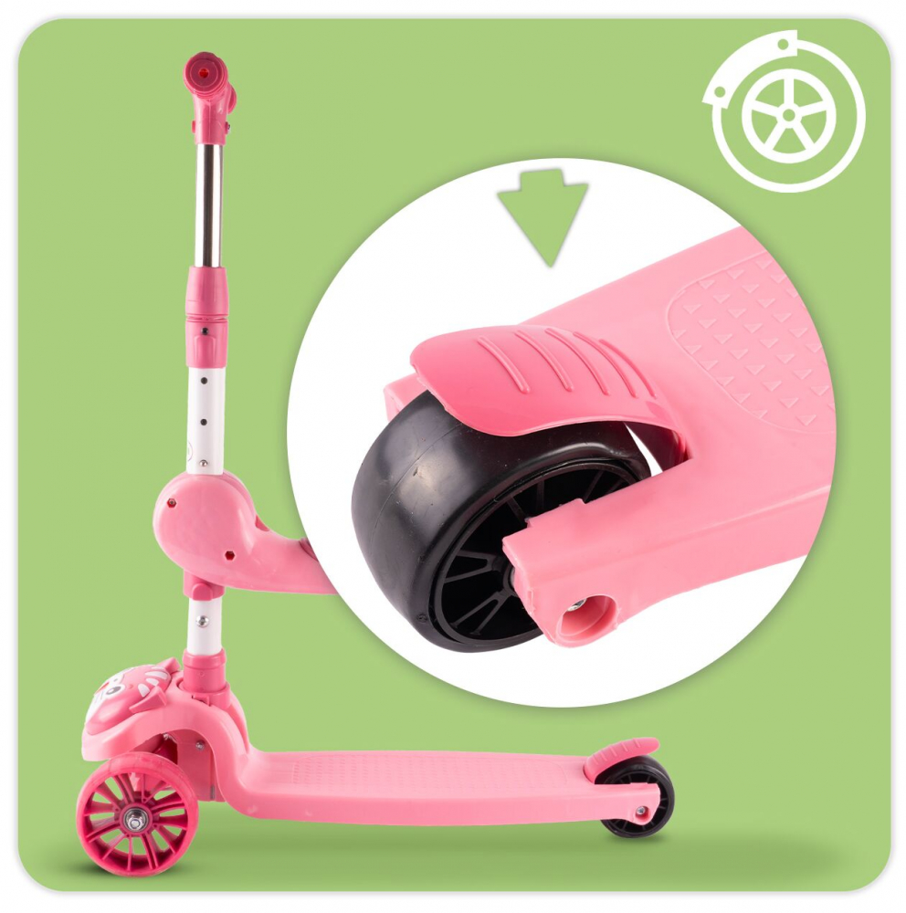 Trotineta 2 in 1, pliabila, cu scaun, roti luminoase LED, ghidon reglabil si platforma antiderapanta, Pink Kitty - 2 | YEO