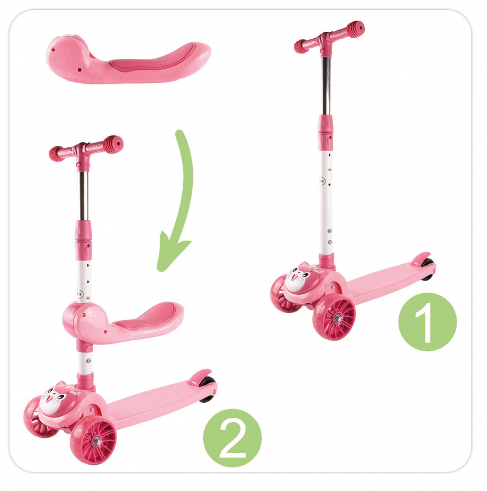 Trotineta 2 in 1, pliabila, cu scaun, roti luminoase LED, ghidon reglabil si platforma antiderapanta, Pink Kitty - 5