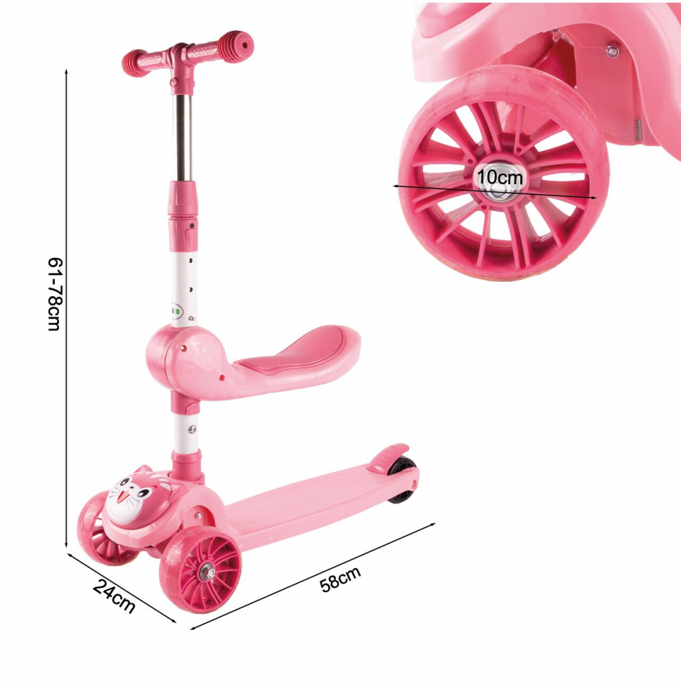 Trotineta 2 in 1, pliabila, cu scaun, roti luminoase LED, ghidon reglabil si platforma antiderapanta, Pink Kitty - 8