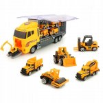 Set camion lansator de masinute Matadi Cargo Truck Yellow cu remorca si 6 vehicule de constructie incluse,spatiu de depozitare pentru 12 masinute
