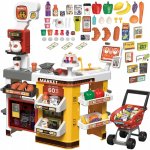Set supermarket interactiv Matadi Yellow/Red cu carucior si 65 accesorii incluse,frigider,casa de marcat cu cititor de carduri,scaner cu lumina si sunete,sertar pentru bani