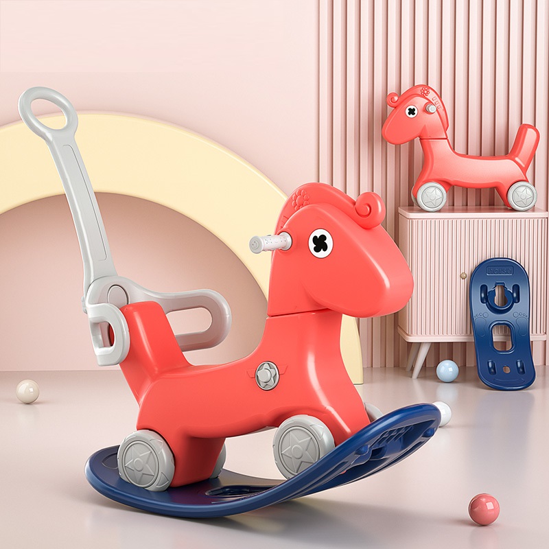 Balansoar 3 in 1 transformabil in vehicul fara pedale cu maner parental detasabil,roti EVA,spatar si baza detasabile Nichiduta Garden Rocking Horse Red