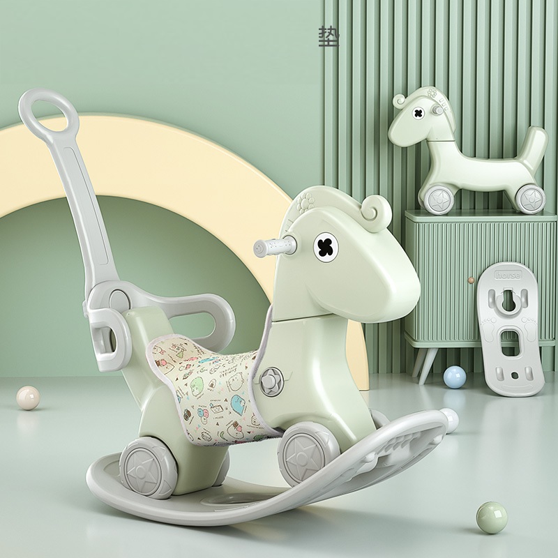 Balansoar 3 in 1 transformabil in vehicul fara pedale cu maner parental,sa din material textil,roti EVA,spatar si baza detasabile Nichiduta Garden Rocking Horse Green