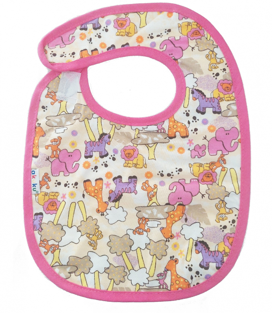 Baveta impermeabila din bumbac cu inchidere velcro  23x20cm Akuku animals Pink