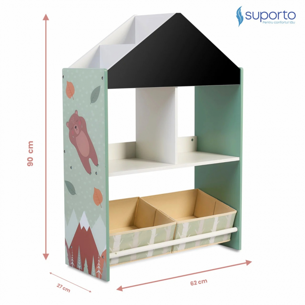 Biblioteca copii Suporto Organizator tip casuta cu raft pentru carti din lemn MDF verde - 1