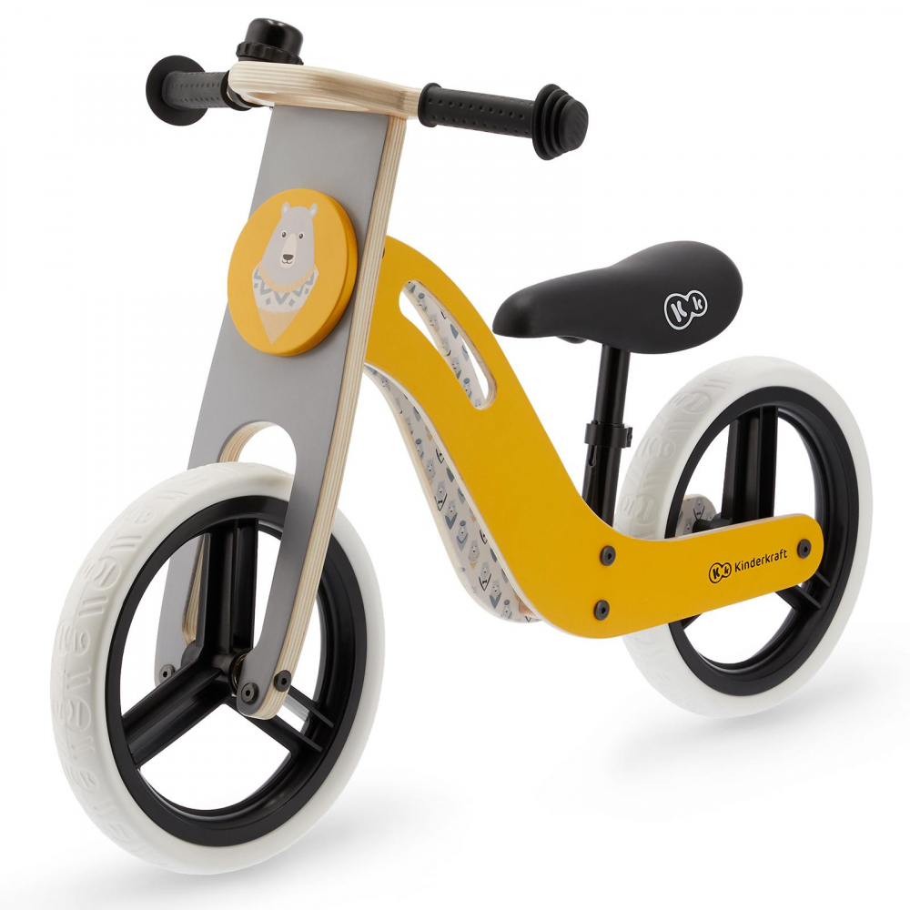 Bicicleta de echilibru din lemn Kinderkraft Uniq Honey cu scaun moale reglabil, roti din spuma EVA, maner pentru transport, pana la 35 kg