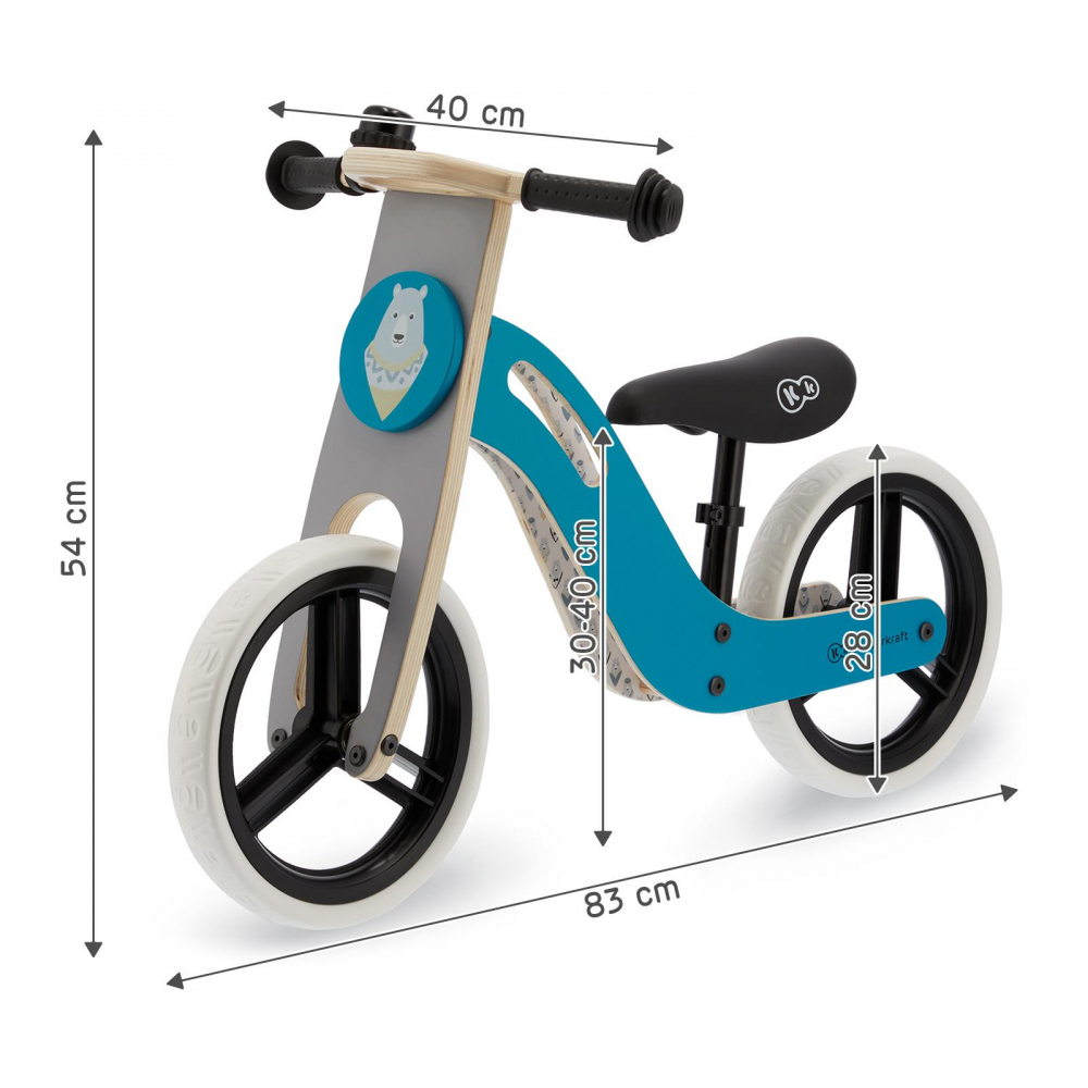 Bicicleta de echilibru din lemn Kinderkraft Uniq Turqouise cu scaun moale reglabil, roti din spuma EVA, maner pentru transport, pana la 35 kg