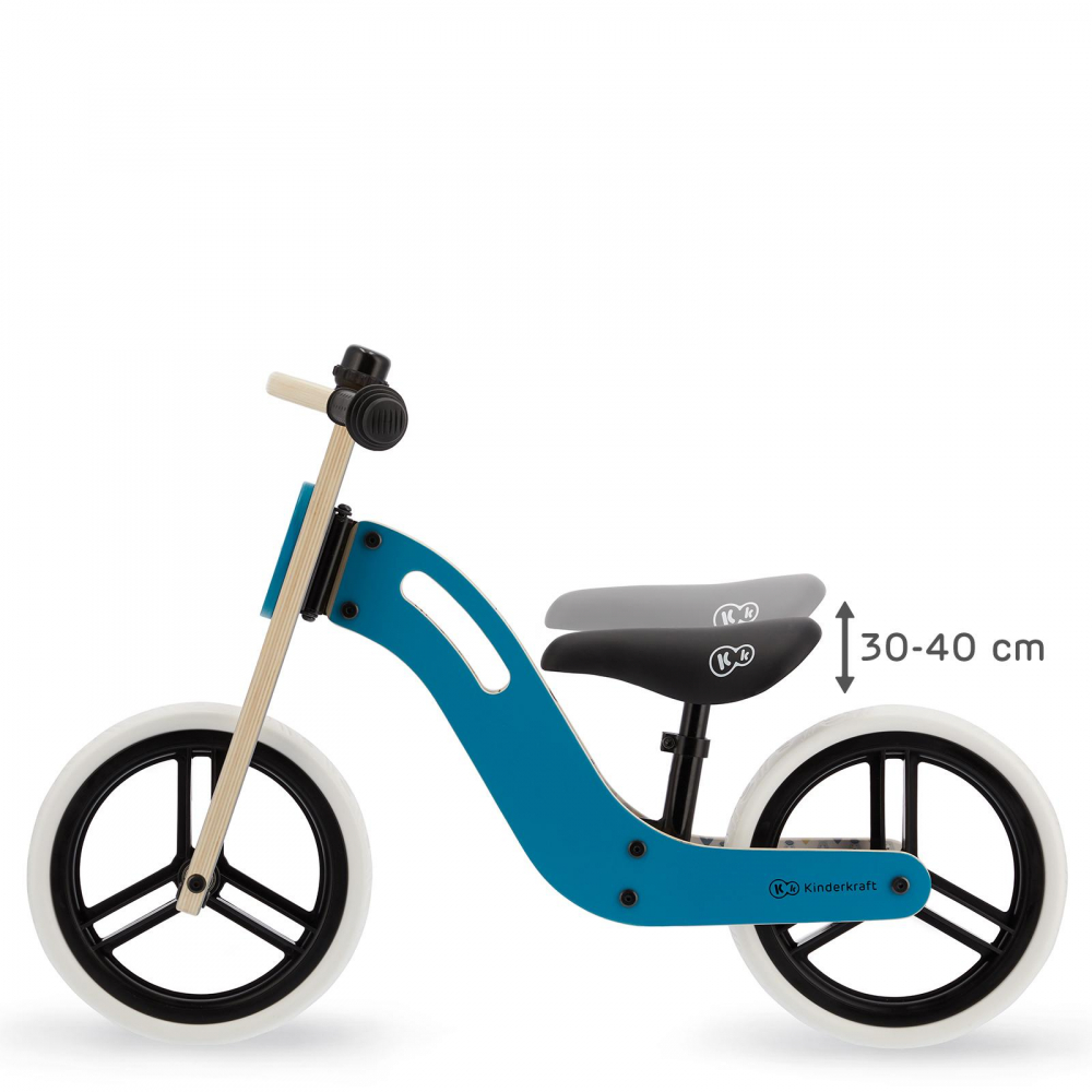 Bicicleta de echilibru din lemn Kinderkraft Uniq Turqouise cu scaun moale reglabil, roti din spuma EVA, maner pentru transport, pana la 35 kg - 1 | YEO