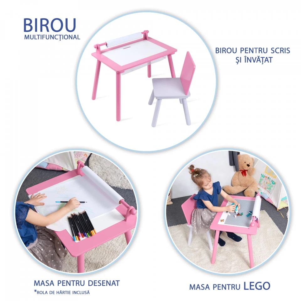 Birou cu scaunel pentru copii roz cu tabla compatibila cu piese Lego din MDF blat reversibil - 3