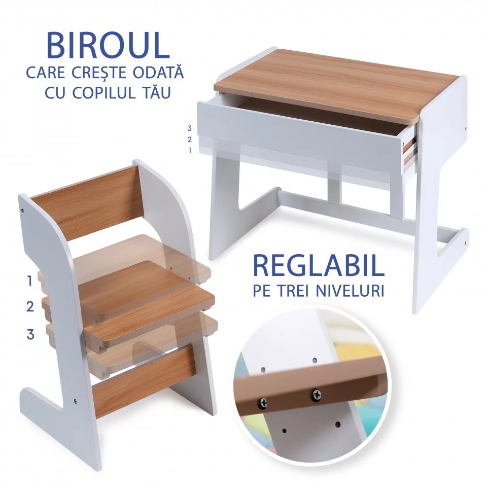 Birou pentru copii reglabil din MDF cu scaunel reglabil si spatiu de depozitare - 5