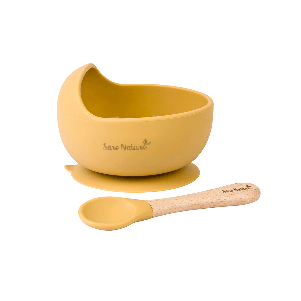 Bol anti-alunecare din silicon alimentar si lingurita Mustard