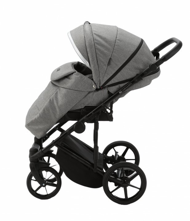 Carucior 3 in 1 Adamex Rimini Alu tip Collection Linen EcoLeather cloud gray cu scaun iSize, parte sport reglabila pana la orizontala, cadru cu suspensii, landou cu suport de cap reglabil pe inaltime