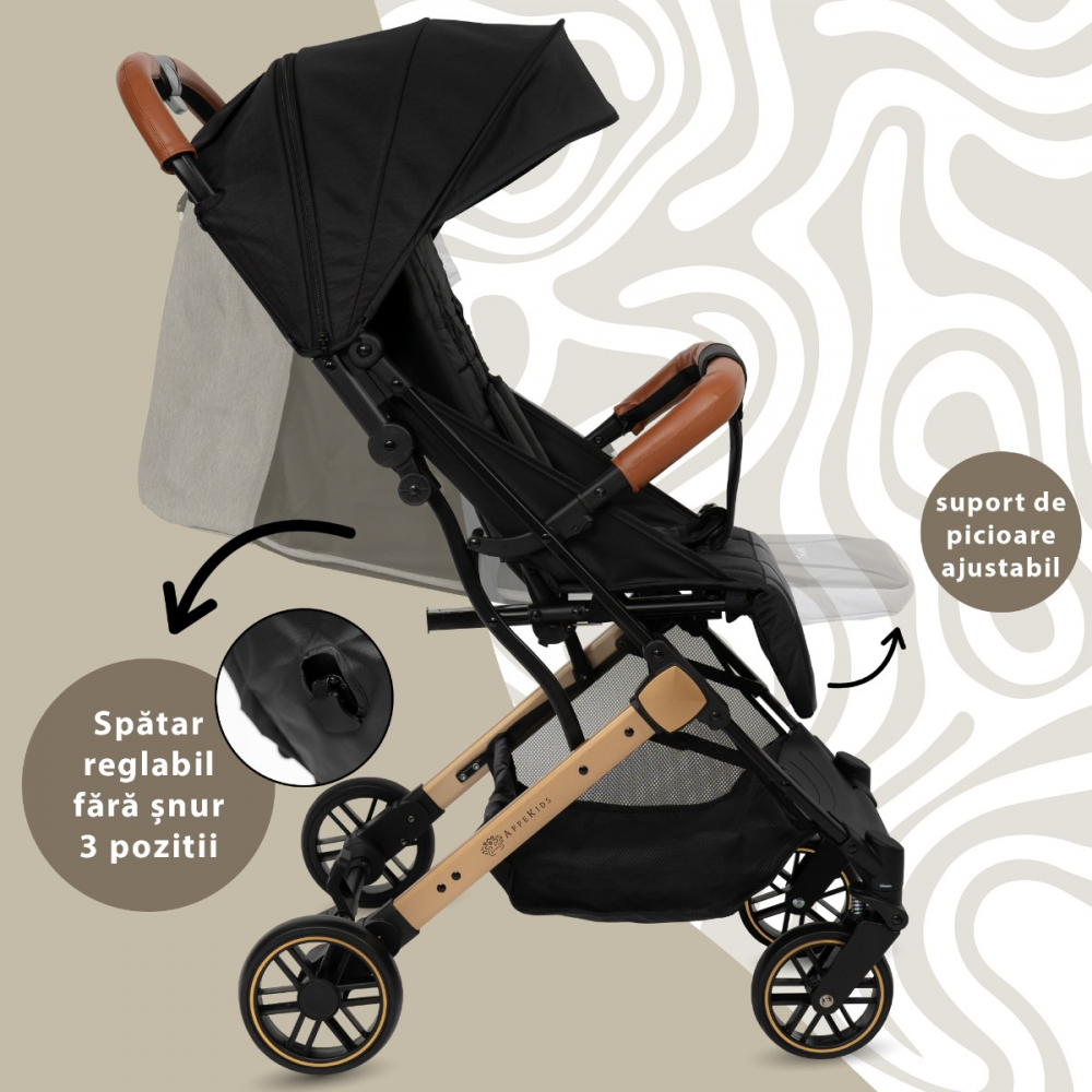 Carucior sport AppeKids Travel Black ultracompact, tip troller, suspensii, spatar reglabil, suport picioare ajustabil, bara frontala detasabila - 3