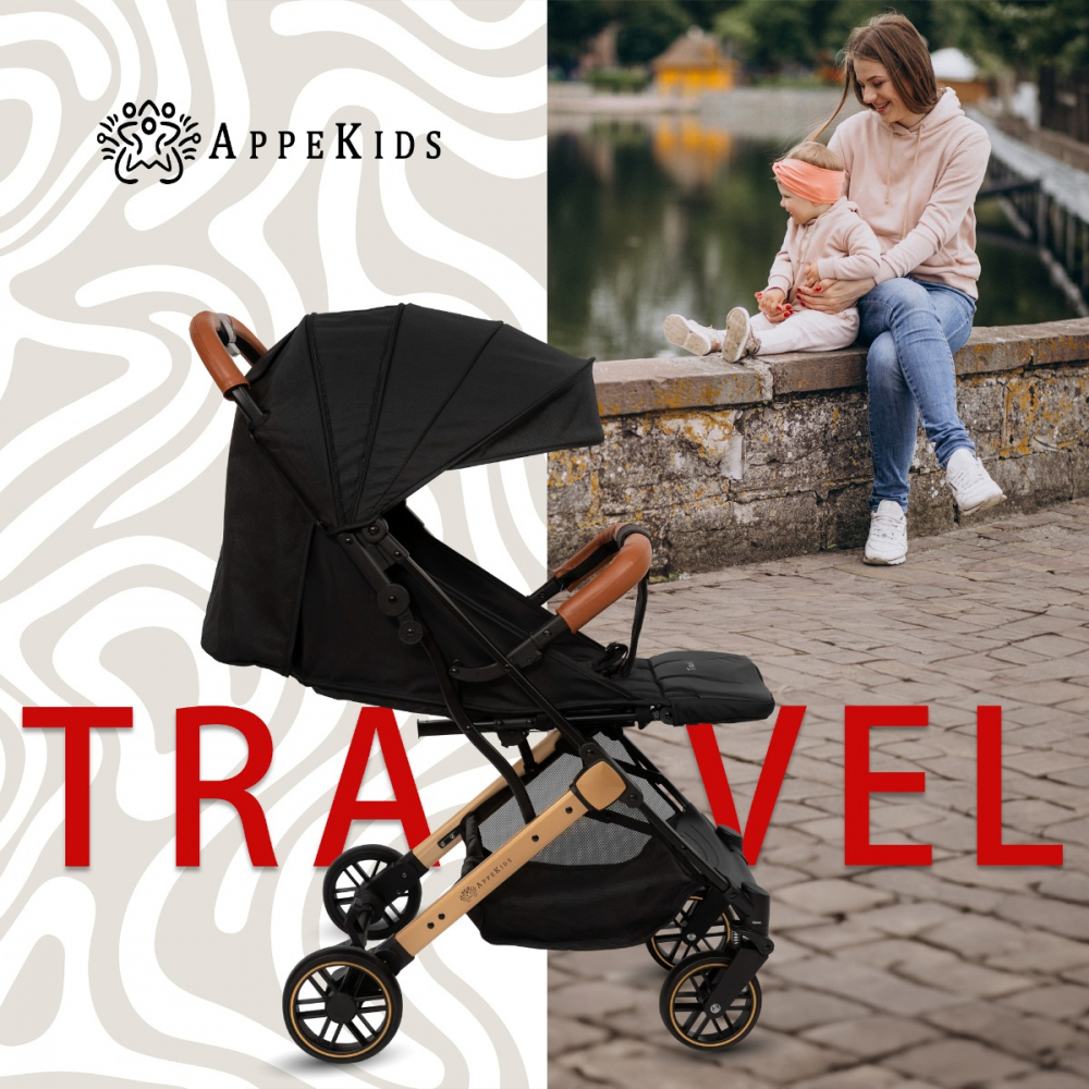 Carucior sport AppeKids Travel Black ultracompact, tip troller, suspensii, spatar reglabil, suport picioare ajustabil, bara frontala detasabila - 4