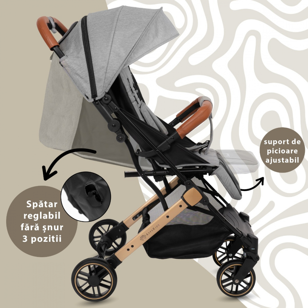 Carucior sport AppeKids Travel Grey ultracompact, tip troller, suspensii, spatar reglabil, suport picioare ajustabil, bara frontala detasabila - 3