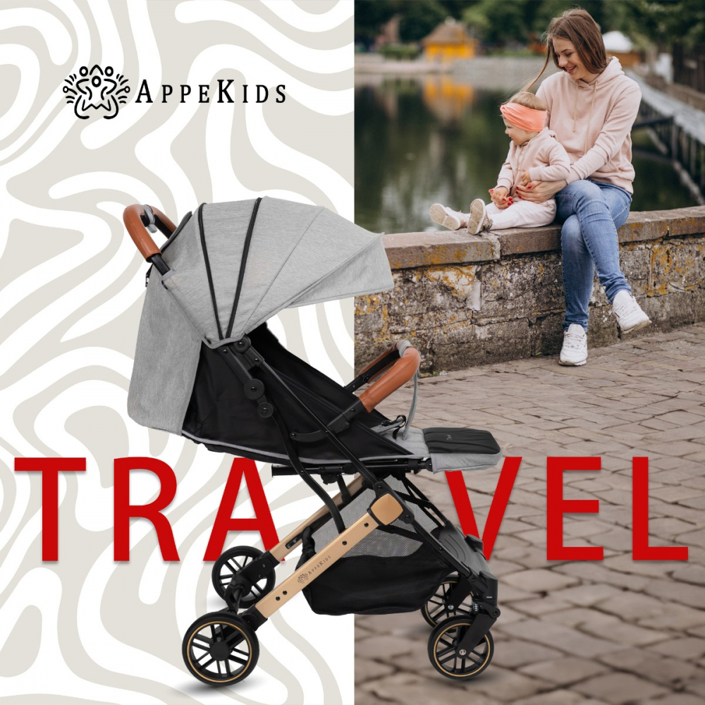 Carucior sport AppeKids Travel Grey ultracompact, tip troller, suspensii, spatar reglabil, suport picioare ajustabil, bara frontala detasabila - 4