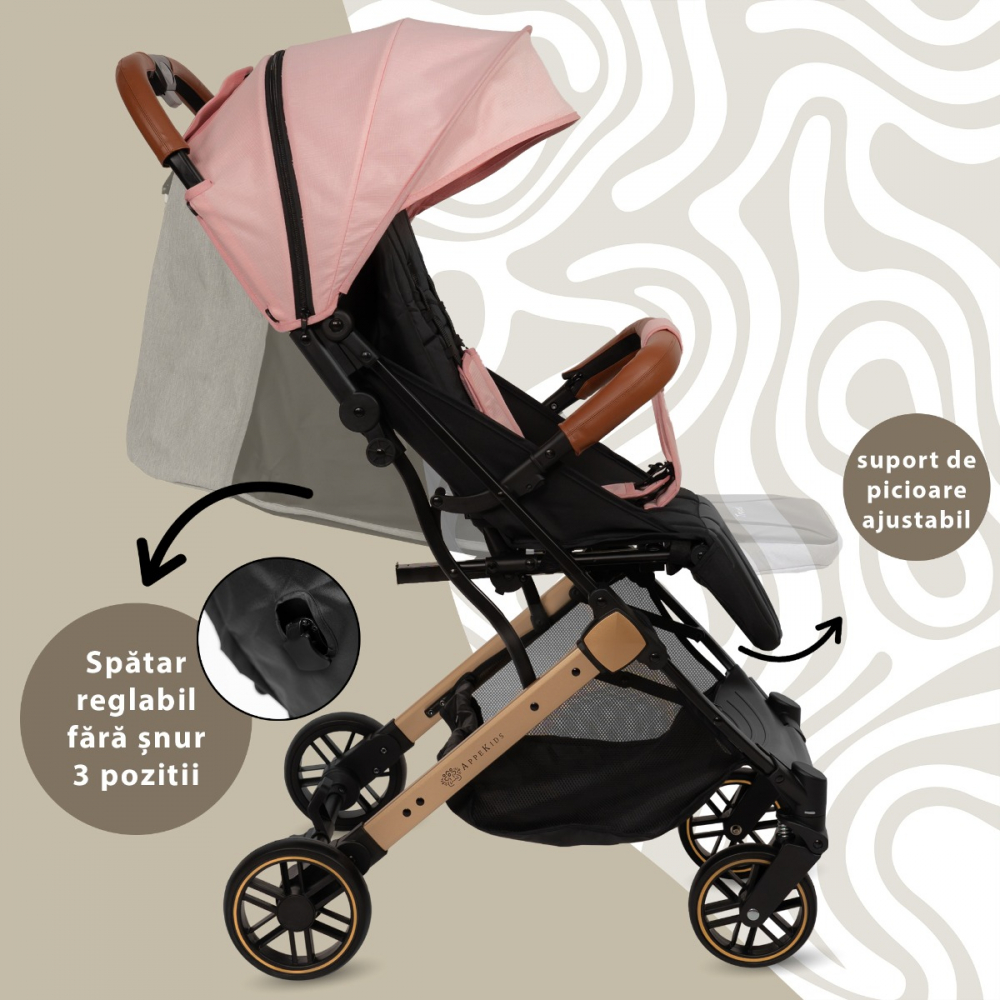 Carucior sport AppeKids Travel Pink ultracompact, tip troller, suspensii, spatar reglabil, suport picioare ajustabil, bara frontala detasabila - 2