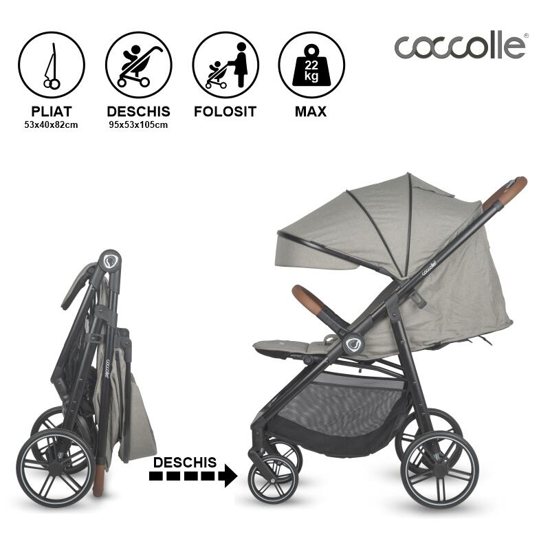 Carucior sport Coccolle Finley cu pliere automata, pozitie de somn , roti detasabile, spatar reglabil, centura de siguranta in 5 puncte, extensibila cu ventilatie, husa picioruse, sarcina maxima 22 kg, Sand Beige-Grey