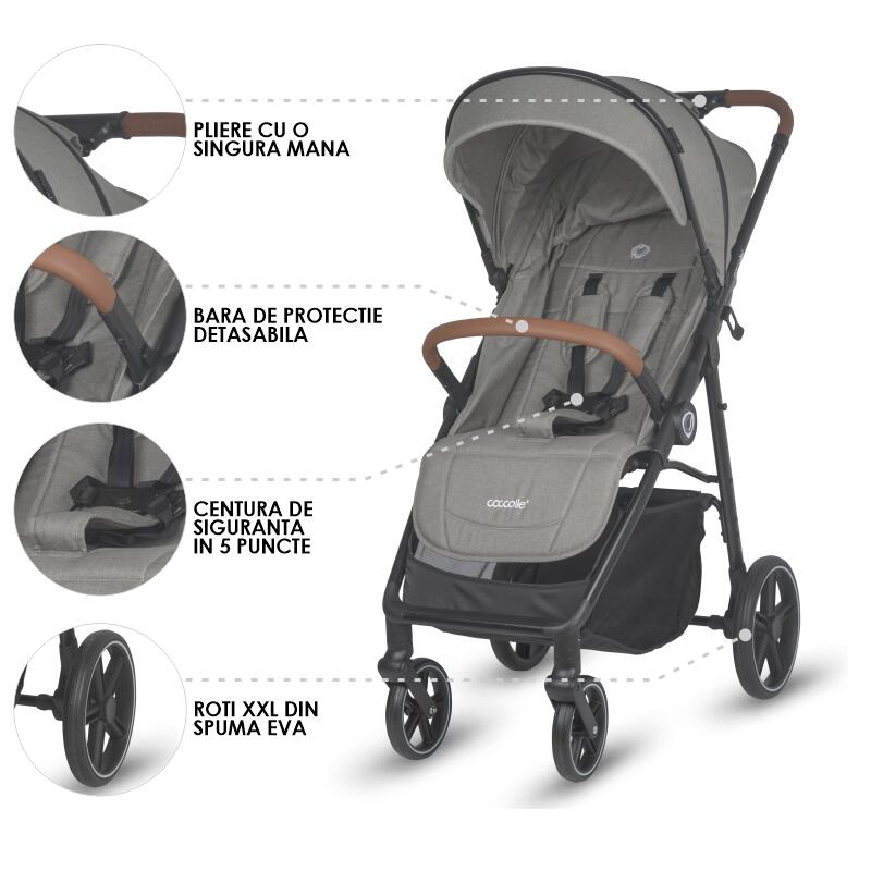 Carucior sport Coccolle Finley cu pliere automata, pozitie de somn , roti detasabile, spatar reglabil, centura de siguranta in 5 puncte, extensibila cu ventilatie, husa picioruse, sarcina maxima 22 kg, Sand Beige-Grey - 3