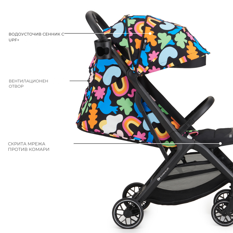 Carucior sport cu pliere compacta KinderKraft Nubi 2 Happy Shapes, spatar reglabil, pozitie somn, capotina cu filtru UV, plasa de tantari si suport pentru biberon - 4